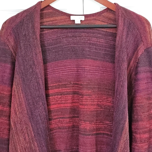 J. Jill Wide Stripe Wool Blend Cardigan Large Tight Knit Red Pink Purple Open - Picture 2 of 5